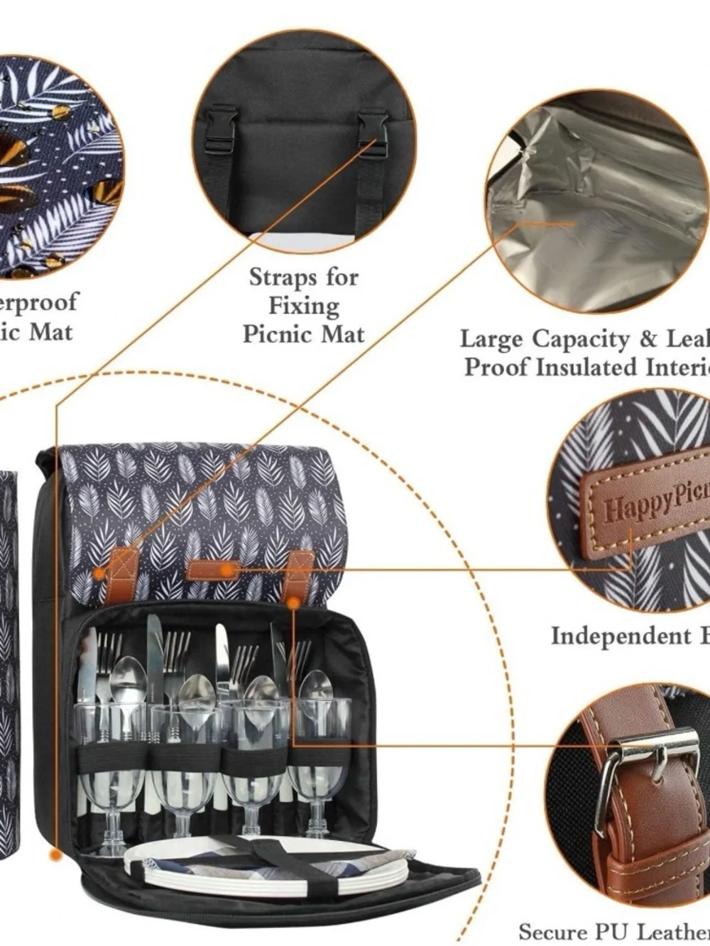 Insulated Black Patterned Picnic Wine Set Backpack with Glasses and Cutlery